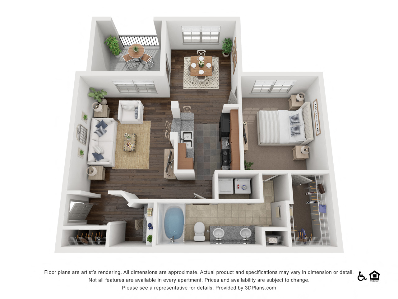 Floor plan for 1 bed, 1 bath, 895 sqft
